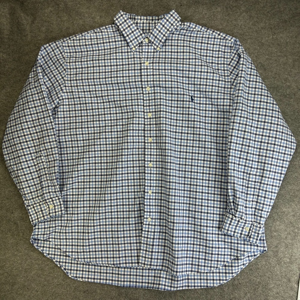 Polo Ralph Lauren Button Down Shirt Mens 3XB Blue White Gingham Long Sleeve Logo
